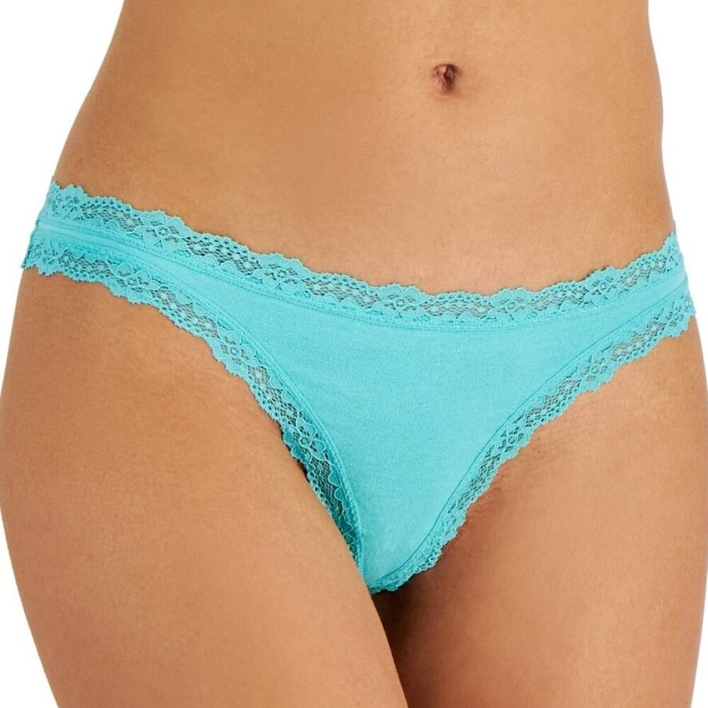 Jenni Women's Lace-Trim Cotton Blend Thong Panty Underwear, Ocean Aqua Teal, 3XL